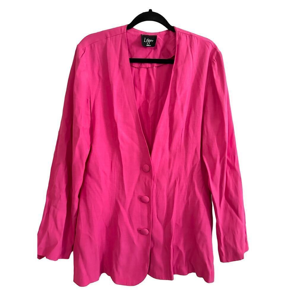 Vintage LEGER Dress 80s Hot Pink Fuschia Button-Front Blazer Jacket Long Sleeve